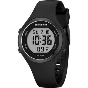 Unisex Black Silicone Digital Sports Water-Resistant Classic Alarm Stopwatch